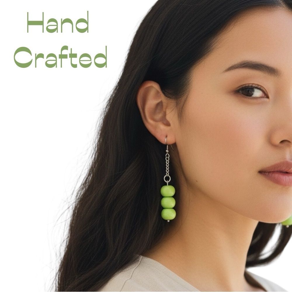 Hand Crafted Lime Green Gemstone With Chain Earrings Set NWT